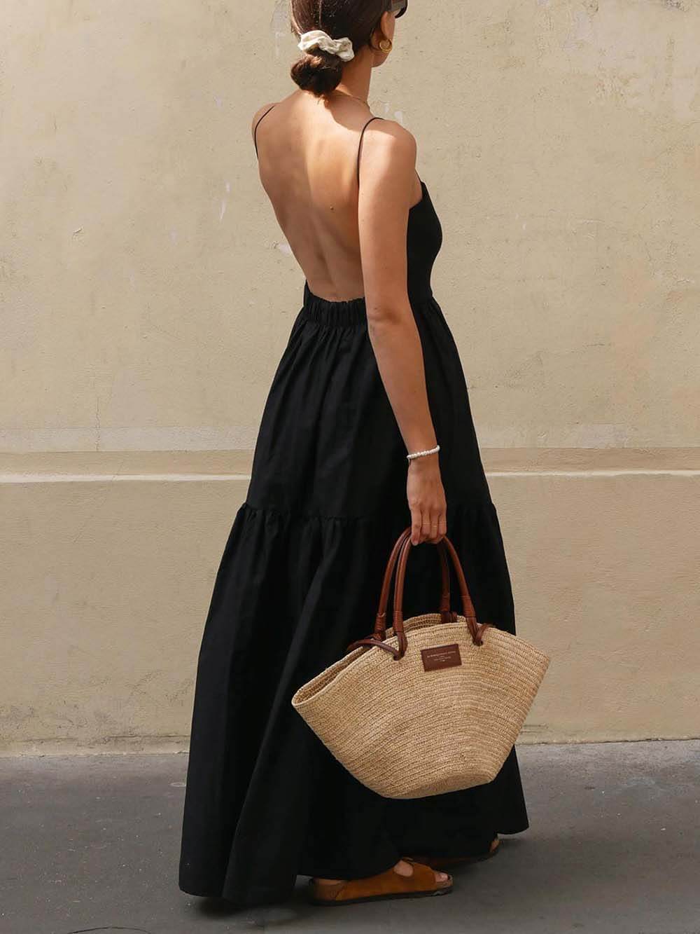 Classic Pleated Solid Backless Maxi Dress