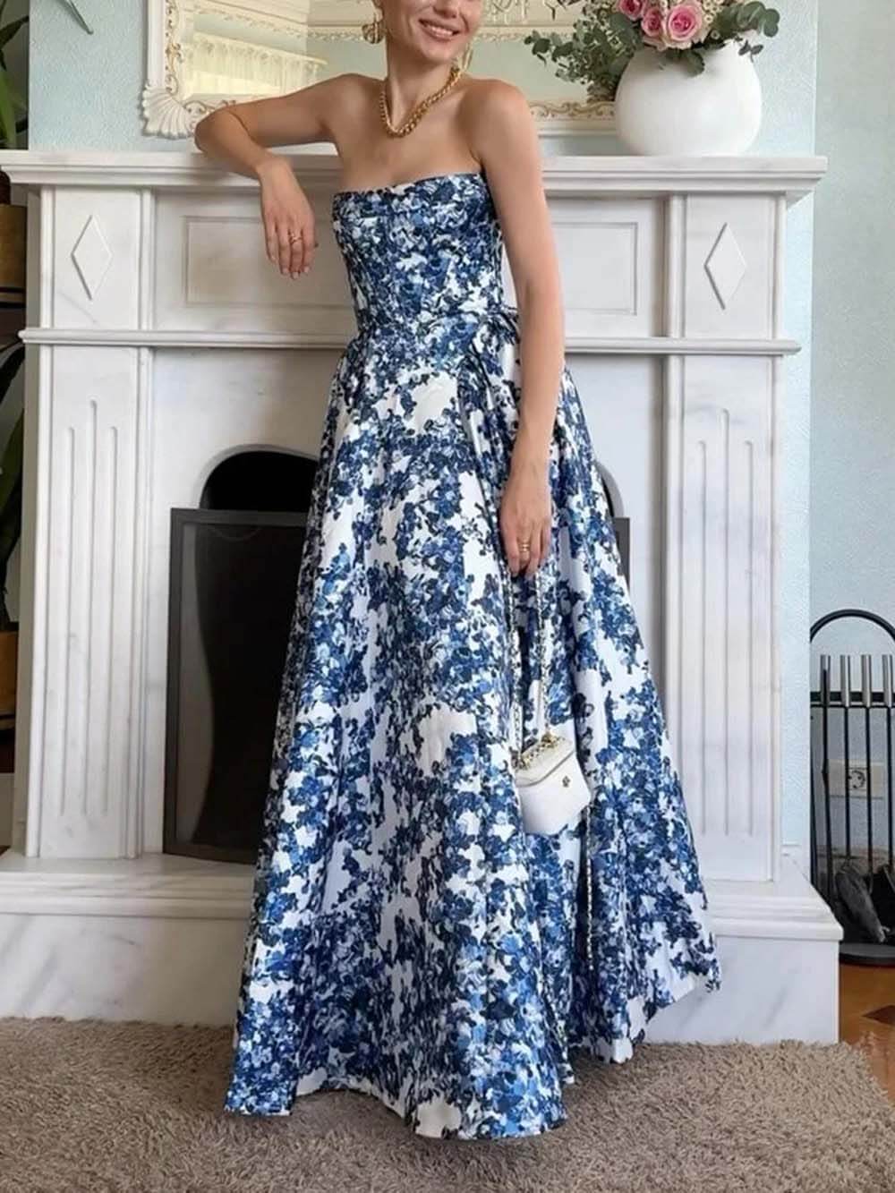 Robe longue élégante sans bretelles imprimée à cordes