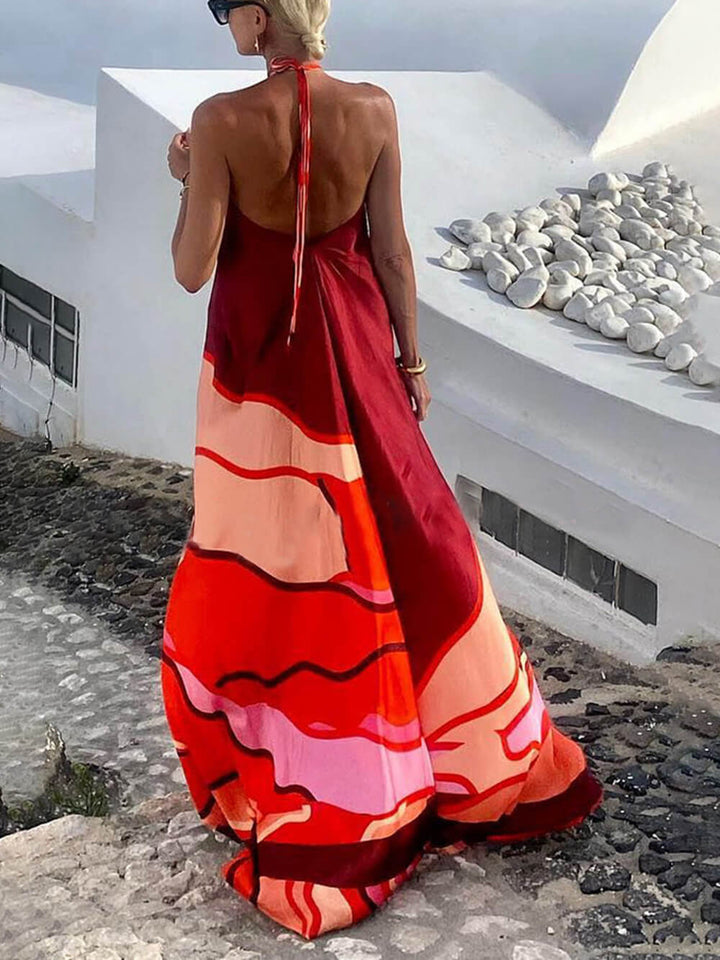 Maxivestido en línea A con cuello halter y estampado sin espalda estilo vacaciones de verano