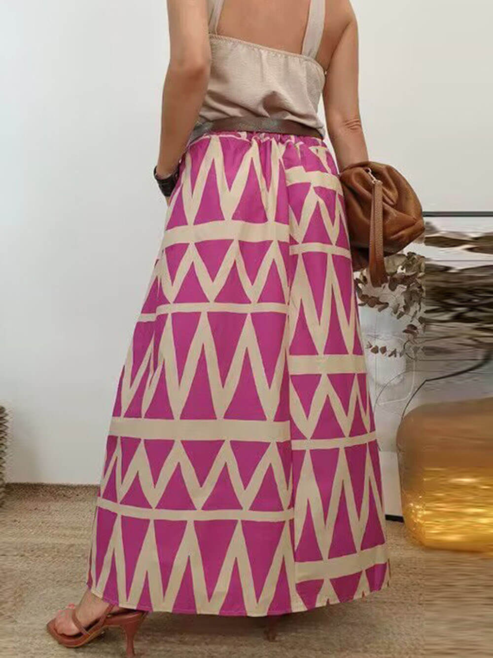 Triangle Printed Back Waist Elasticated Pocket Maxi Skirt