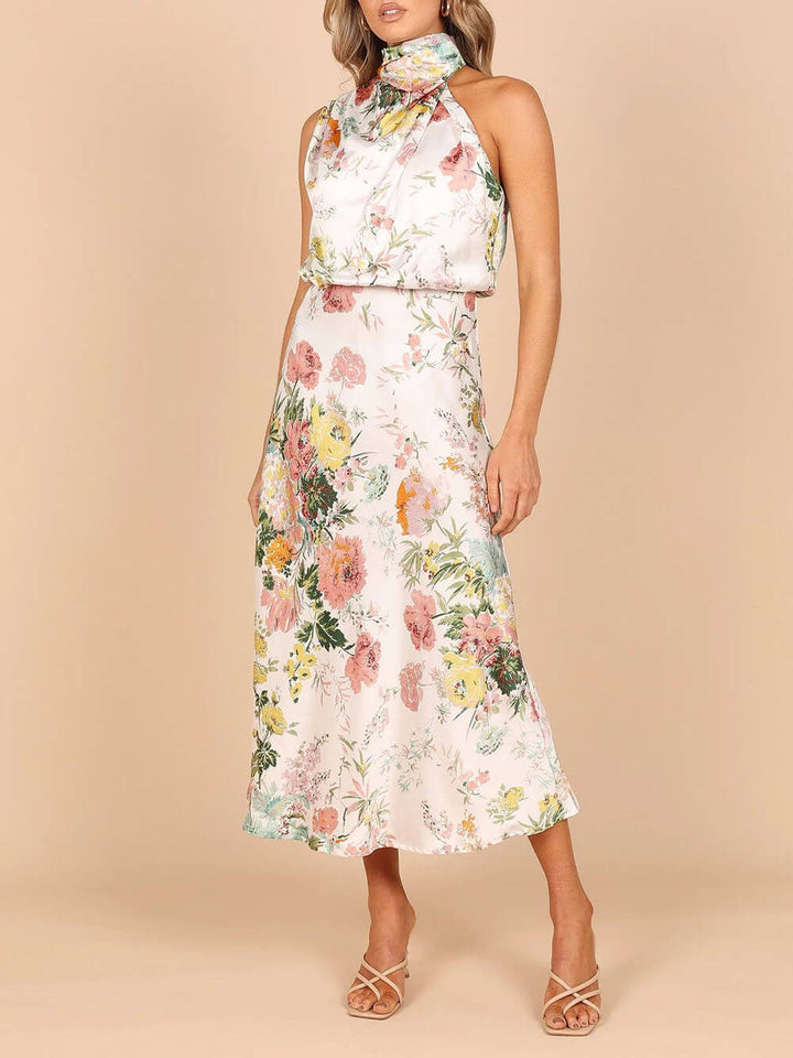 Floral Halter gât talie Elastic Maxi rochie