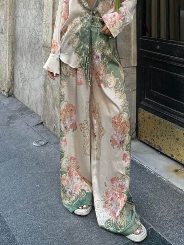 Unique Floral Loose Printed Stretch Waist Wide Leg Pants (Pantalon large à taille élastique)