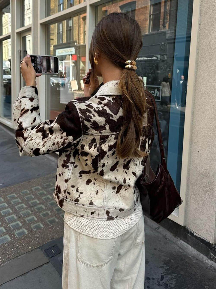 Unique Cow Print Faux Fur Print Shirt Jacket