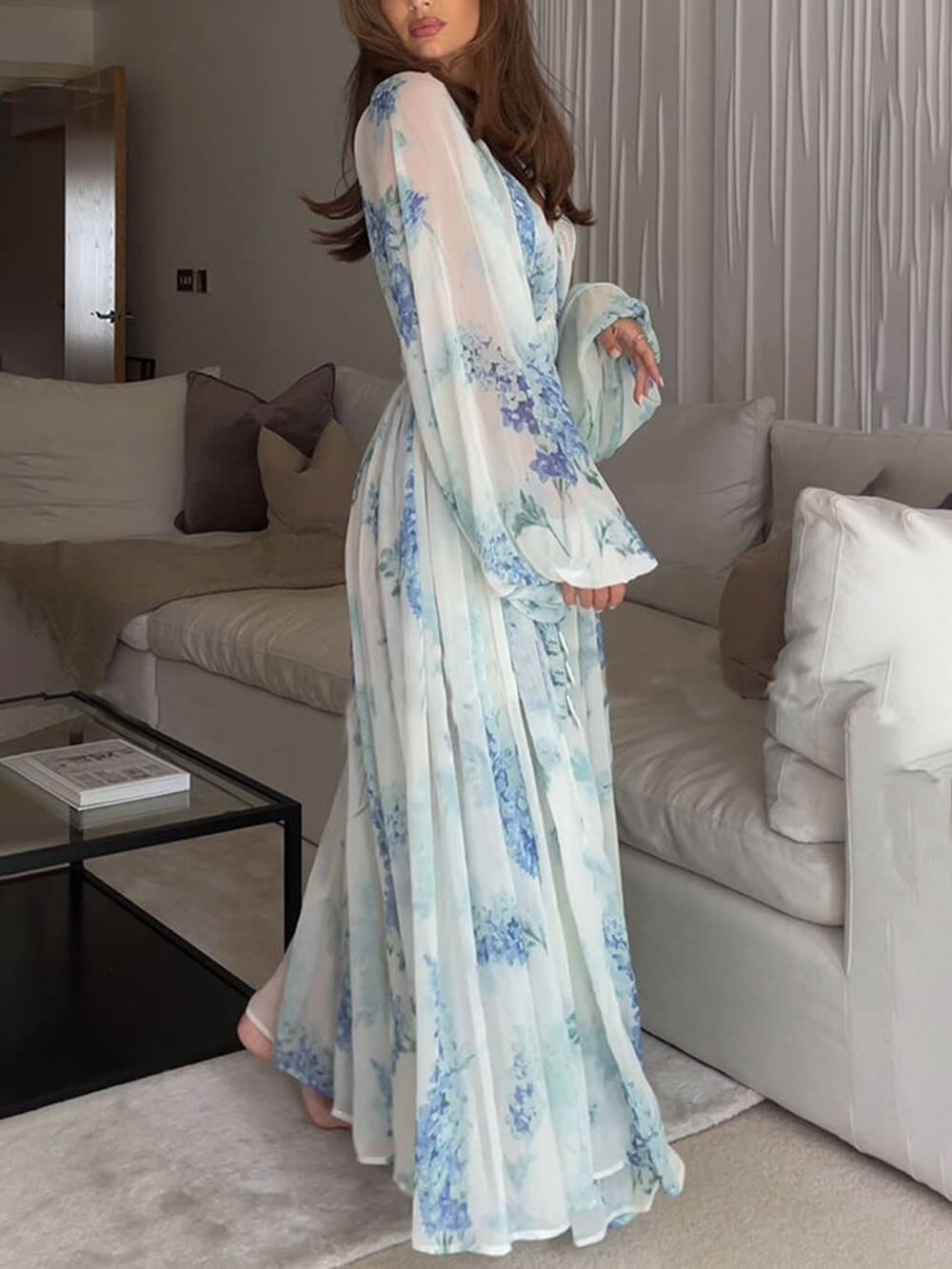 Ocean Flower Chiffon Floral cordon talie Maxi rochie