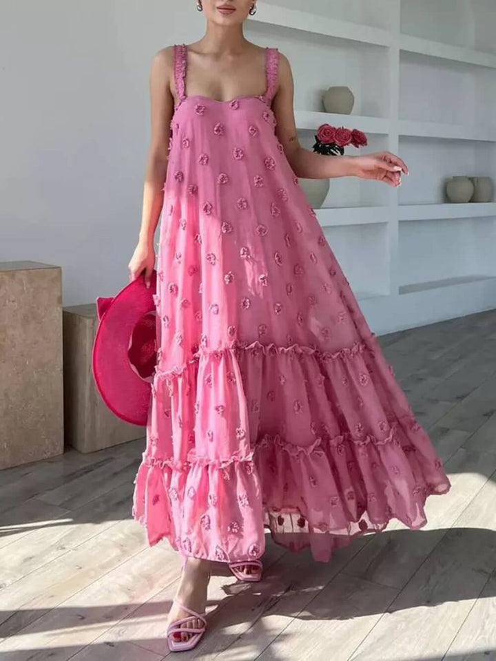 Vestido maxi solto em camadas com decoração floral bonita em linha A