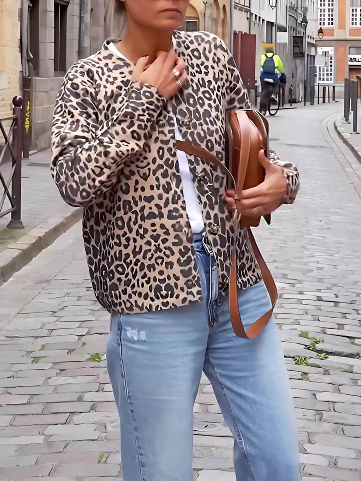 Classic Leopard Print Collarless Button-Down Jacket