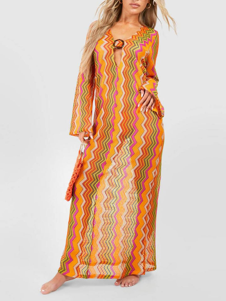 Oranje Soda Stripe Print O-Ring Strand Maxi Dress met lange mouwen