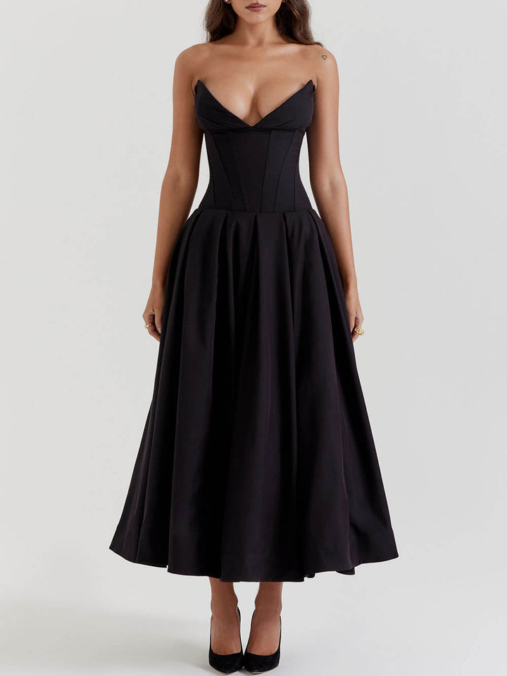 Vestido midi negro sin tirantes