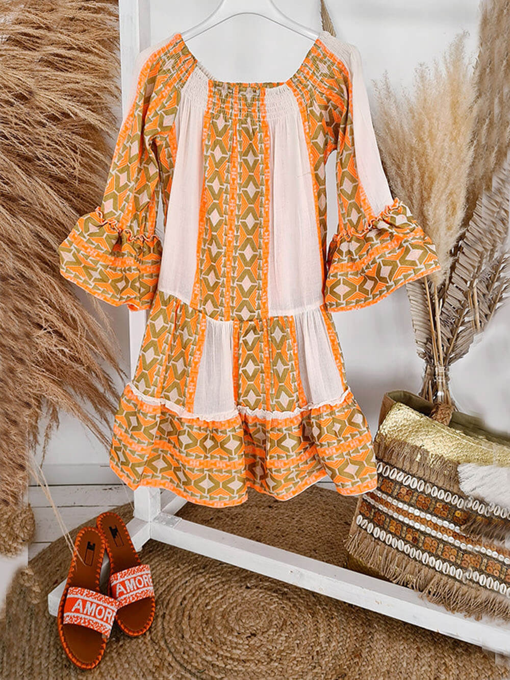 Lin Blend Ethnic Print Off Shoulder Loose Mini Dress