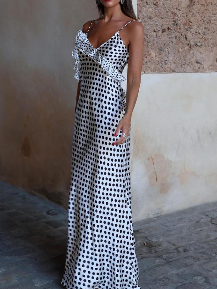 Fantasie Polka Dot Print Guipure Gepofte Jarretel Maxi Dress