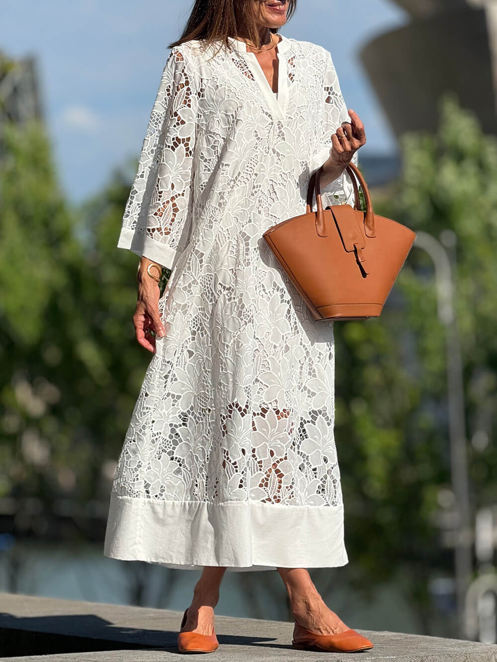 Flower Lace V-Neck Bell Sleeve Loose Midi Dress