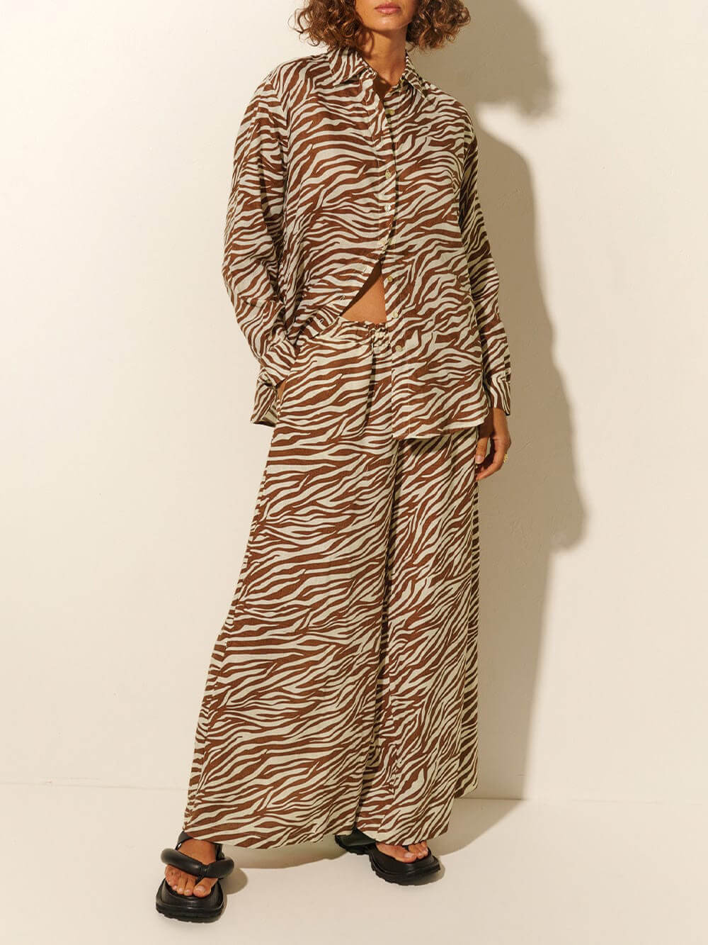 Button Open Collar Loose Zebra Print Drawstring Wide Leg Pants