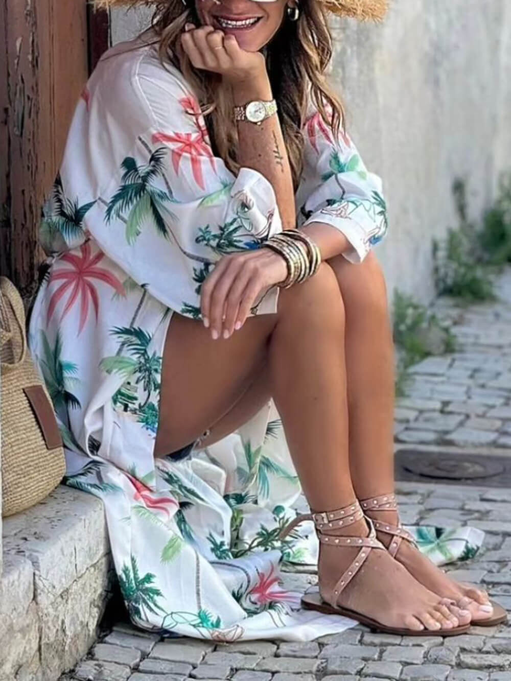 Botanical Print Tie-Waist Long Cover-Up Kleid im Urlaubsstil