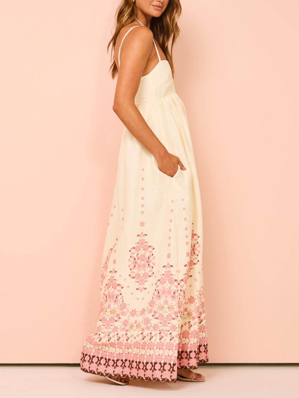 Ethnischer Print Halter Creme Extra Maxikleid