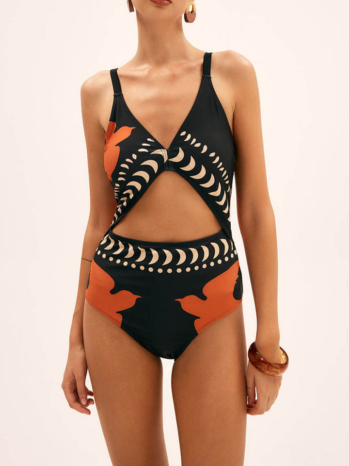 Unique Bird Print Cutout One Piece Swimsuit