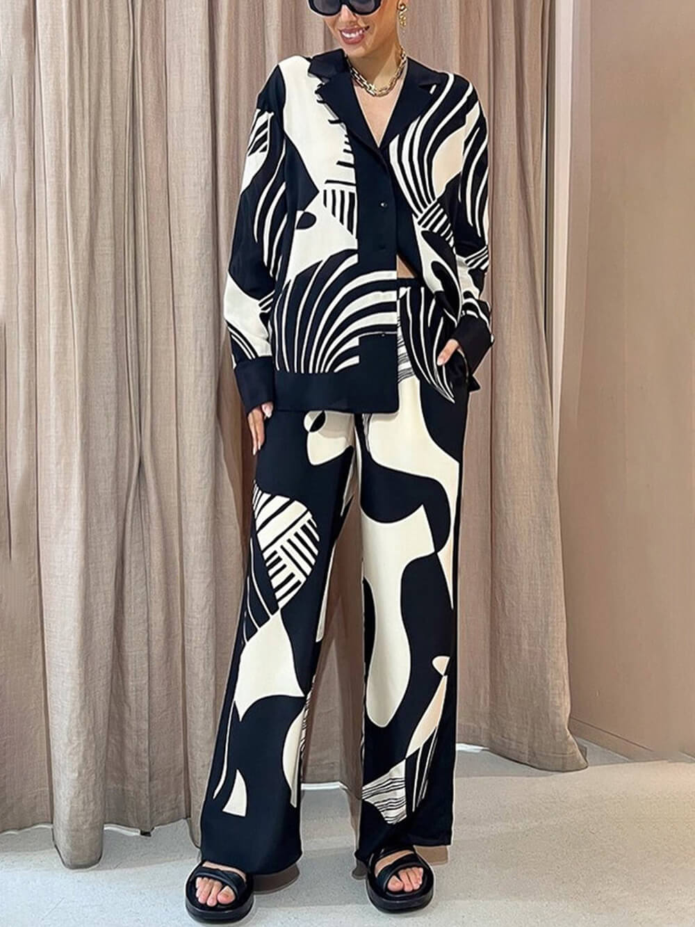 Trendy Graffiti Print Loose Wide Leg Pants Set (sada kalhot s širokými nohavicemi)