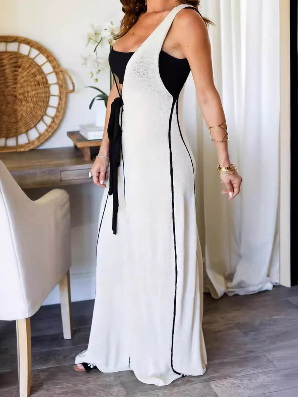 Culoare contrastantă Self-Tie Flowy rochie maxi supradimensionată