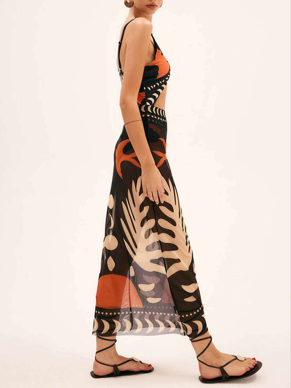 Unique Bird Print Mesh Cover Up Maxi Skirt