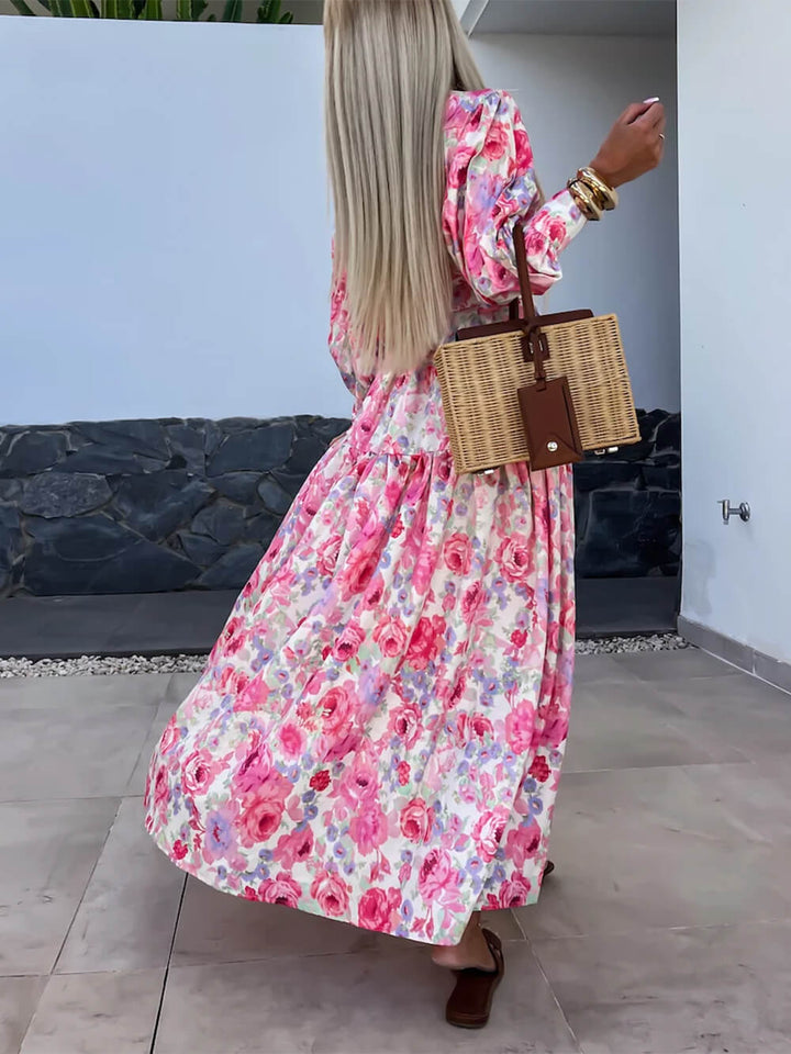 Encantadora Camisa Estampada Botones Oro Liso Maxi Vestido Floral