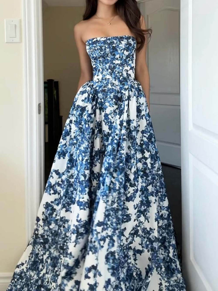 Robe longue élégante sans bretelles imprimée à cordes