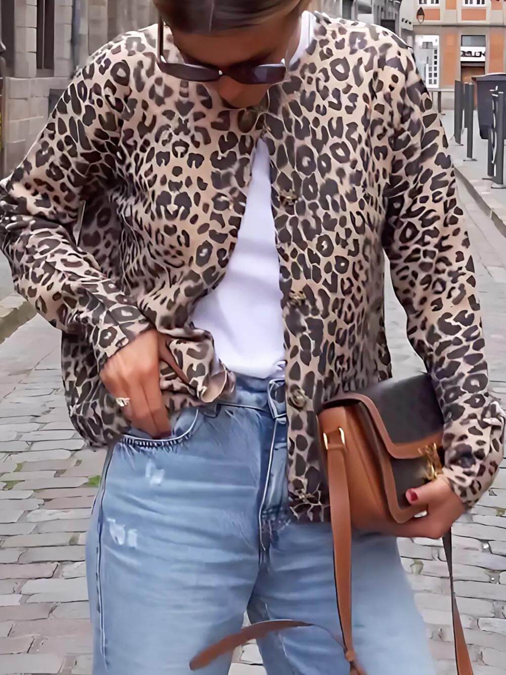 Classic Leopard Print Collarless Button-Down Jacket