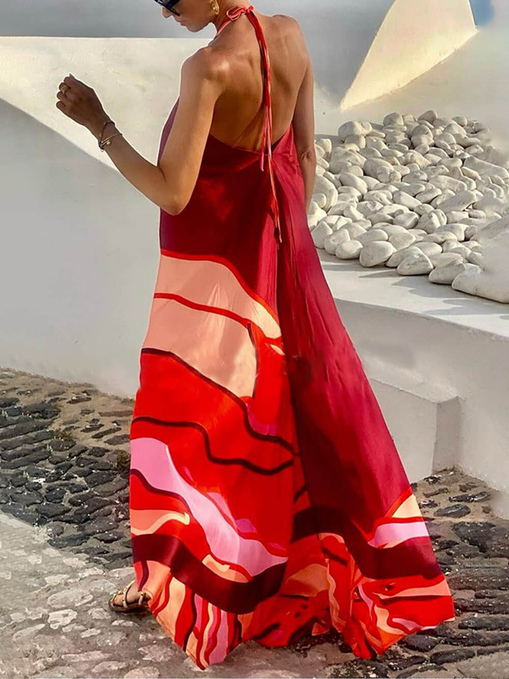 Stil de vacanță de vară Halter gât imprimat Backless A-Line Maxi Dress