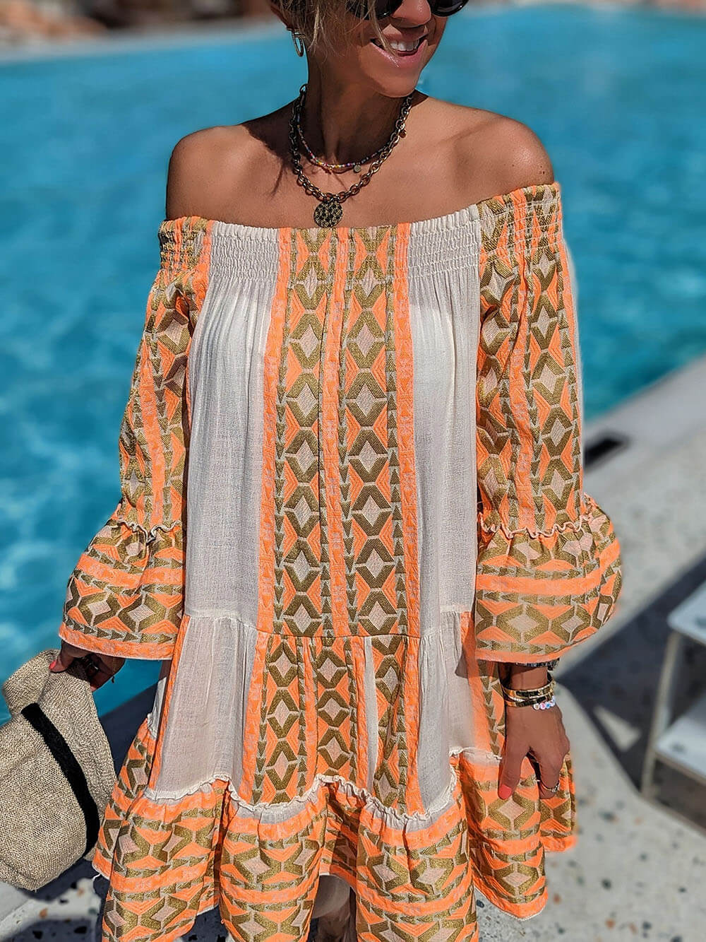 Lin Blend Ethnic Print Off Shoulder Loose Mini Dress