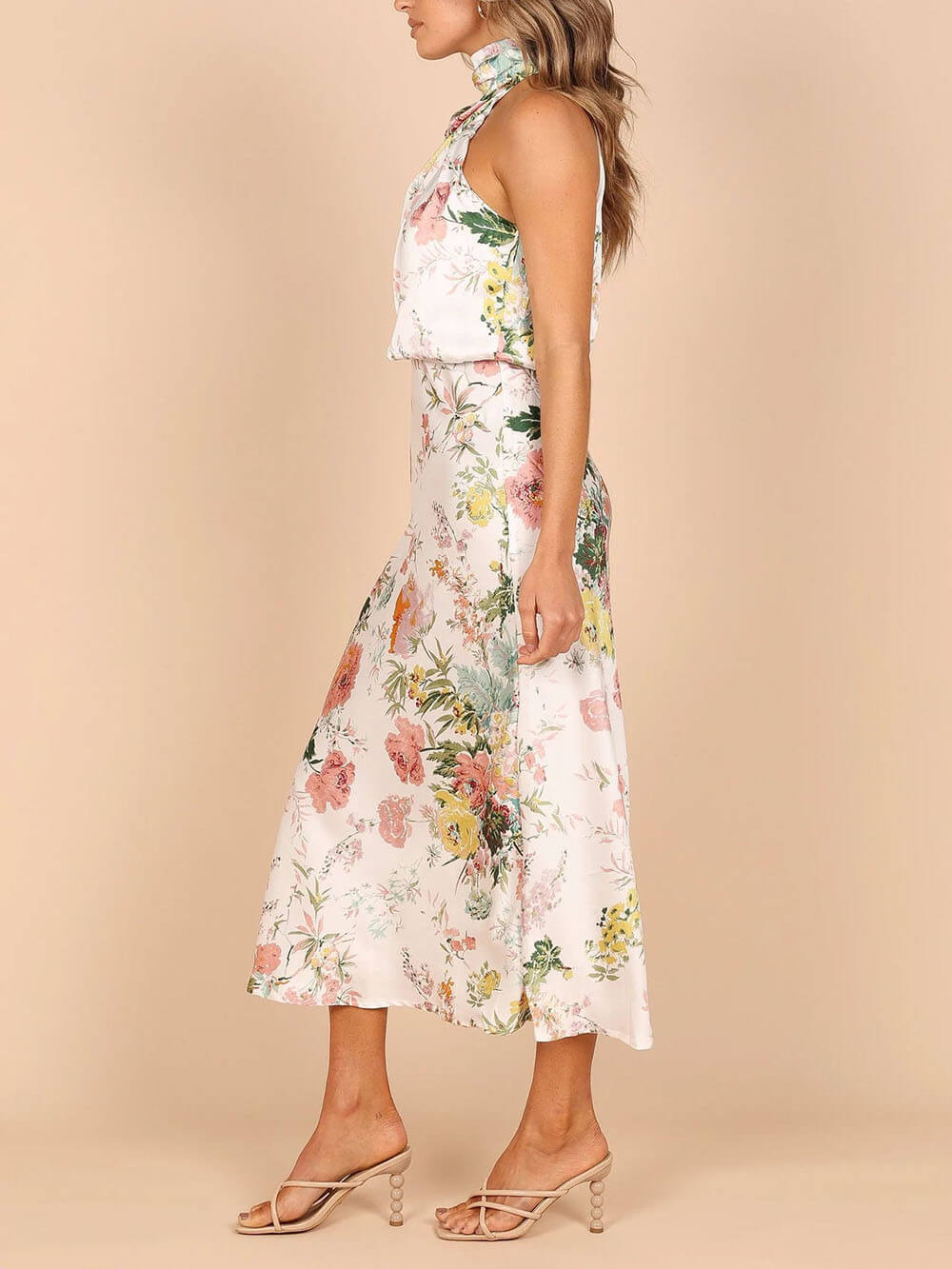 Floral Halter gât talie Elastic Maxi rochie