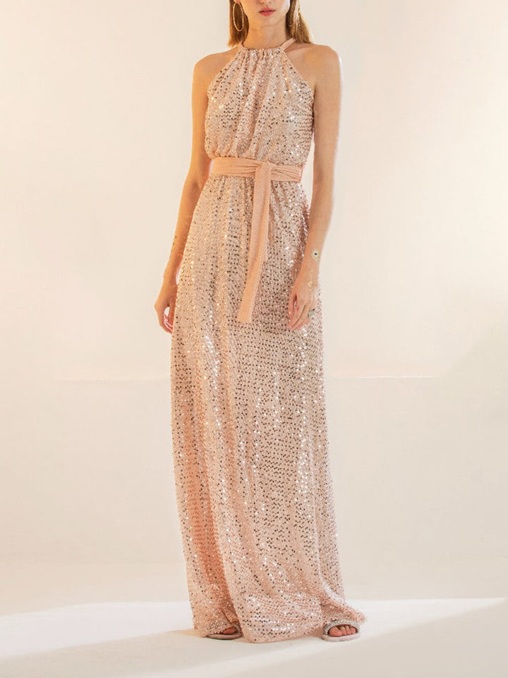 Robe longue ample ceinturée à sequins et col licou pour soirée