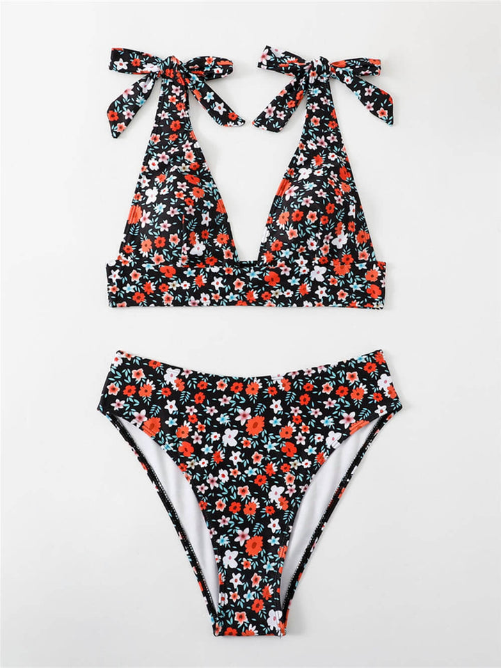 Sexy printed strap buttoned floral bikini set