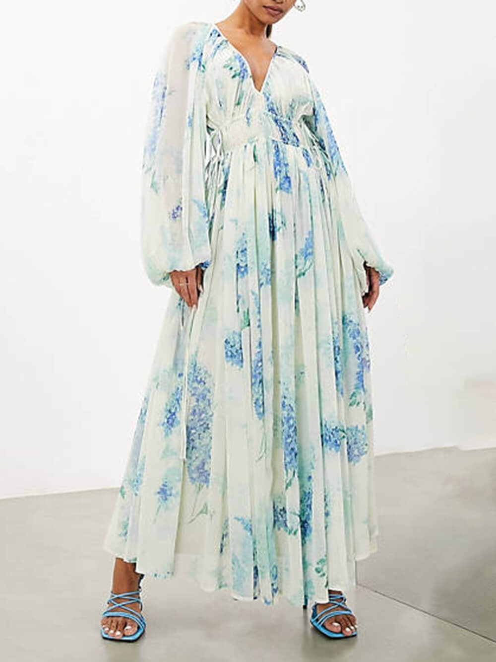 Ocean Flower Chiffon Floral cordon talie Maxi rochie