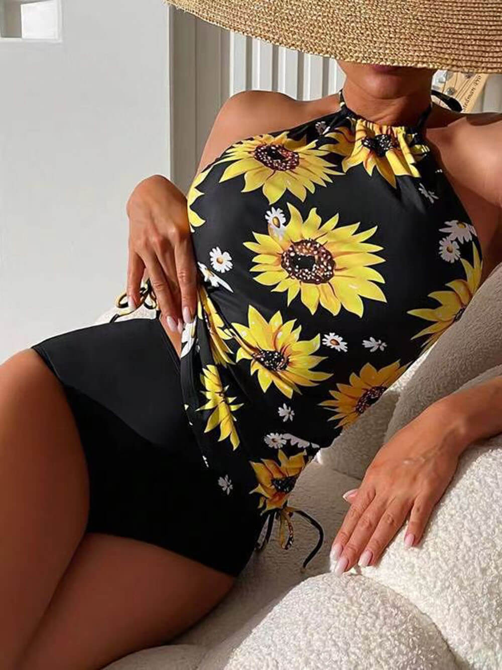 Ensemble Tankini à col licou et cordon de serrage imprimé tournesol