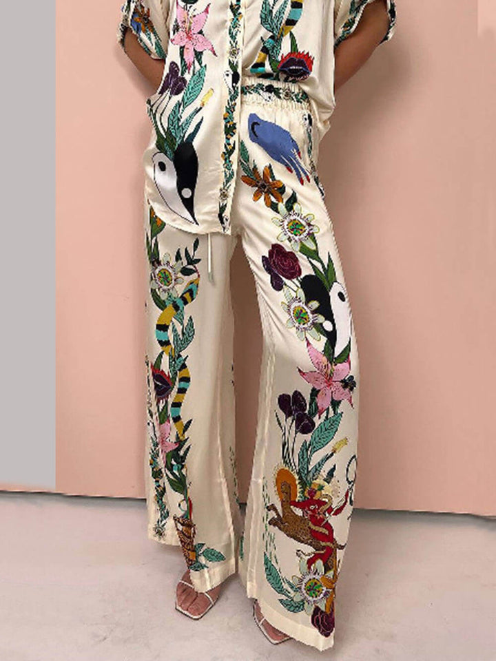 Satin Unique Print Elastic Waist Pocketed Wide Leg Pants (Pantalon large à poches)