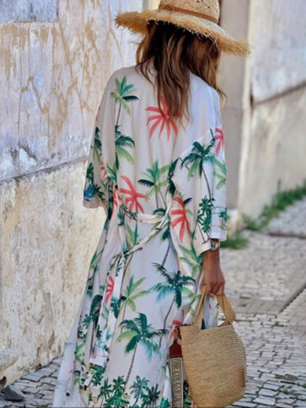 Stil de vacanță Botanical Print Tie-Waist rochie lungă Cover-Up