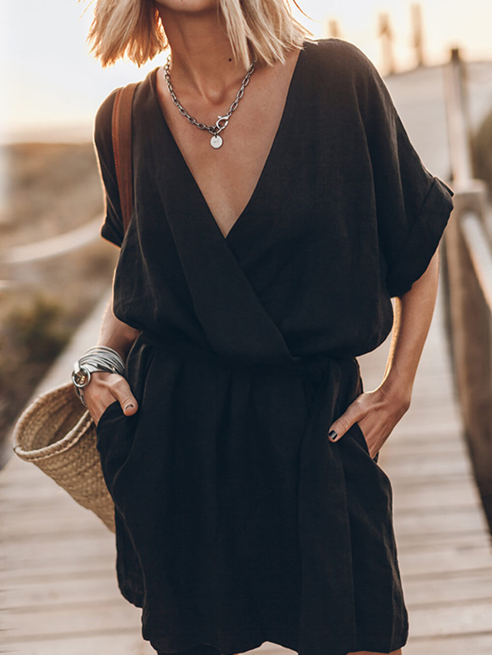 Breezy Leisure Pocketed Belt Kimono Mini Rochie