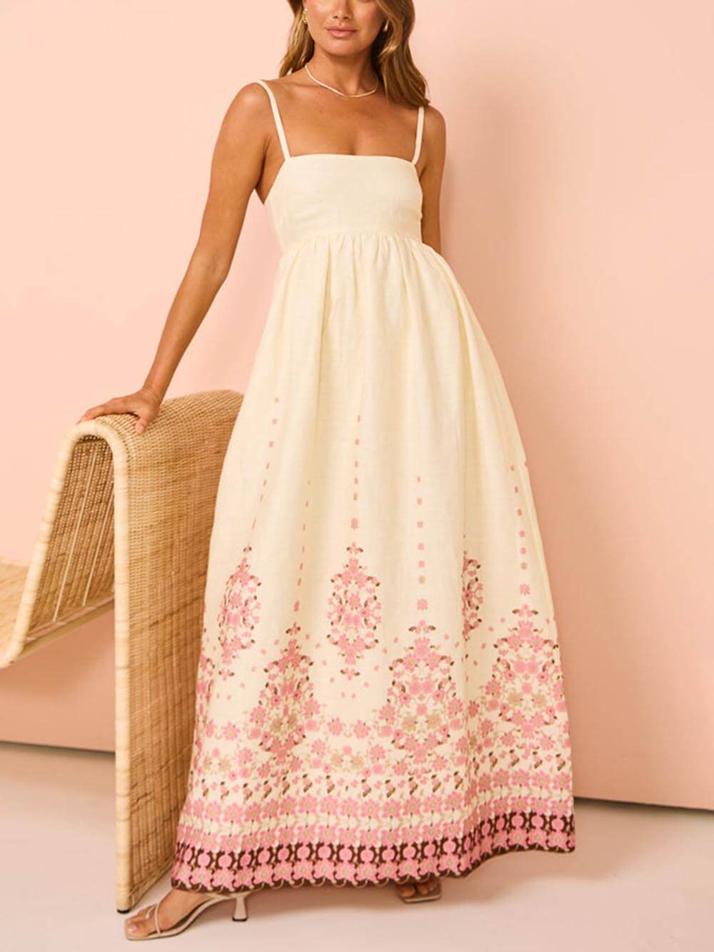 Vestido Maxi Extra Crema Estampado Étnico Halter