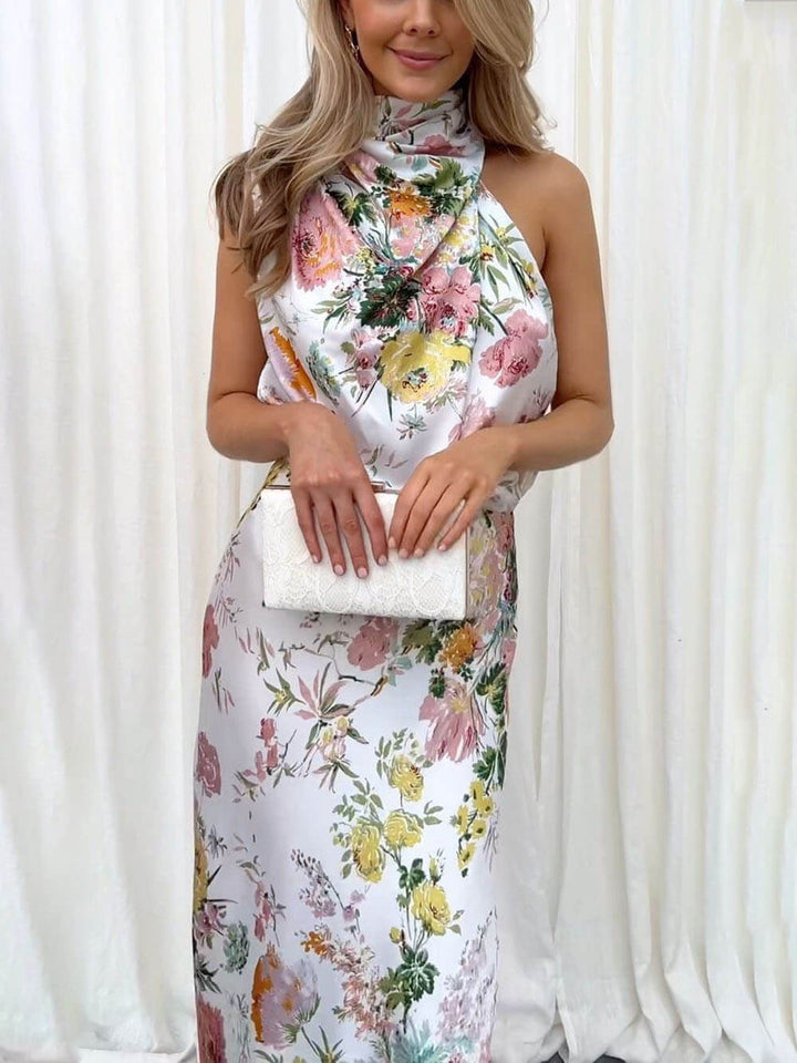 Floral Halter gât talie Elastic Maxi rochie