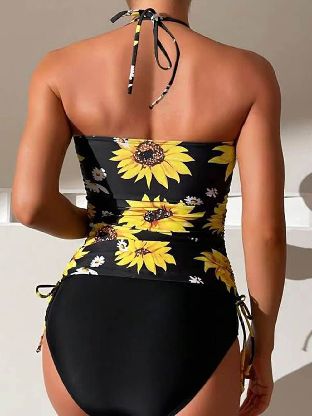 Ensemble Tankini à col licou et cordon de serrage imprimé tournesol