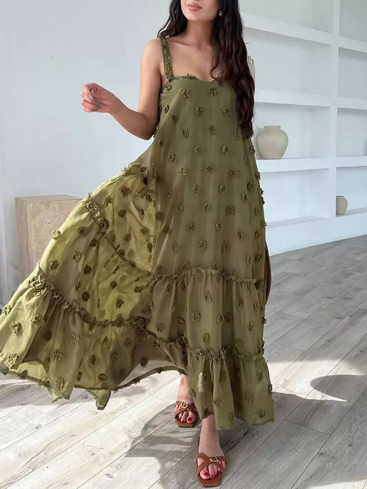 Vestido maxi solto em camadas com decoração floral bonita em linha A