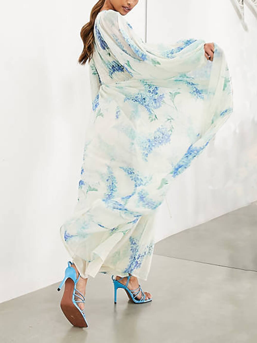 Ocean Flower Chiffon Floral Drawstring Waist Maxi Dress