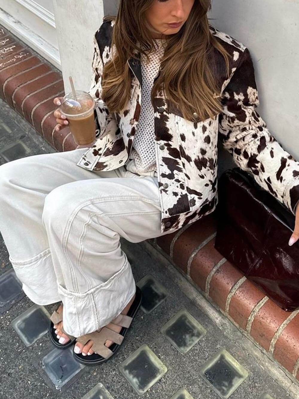 Unique Cow Print Faux Fur Print Shirt Jacket