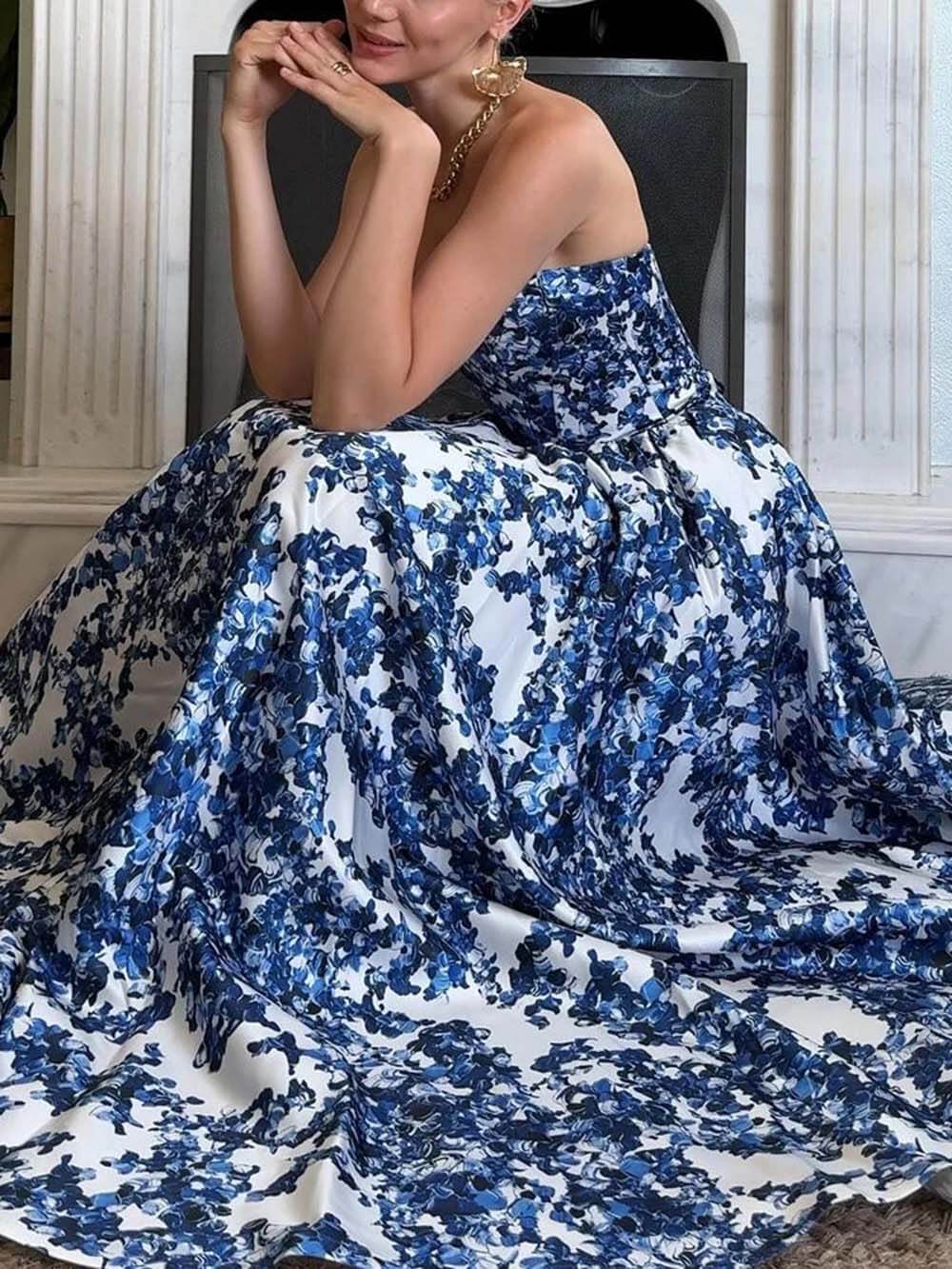 Elegant Strapless Printed String Maxi Dress