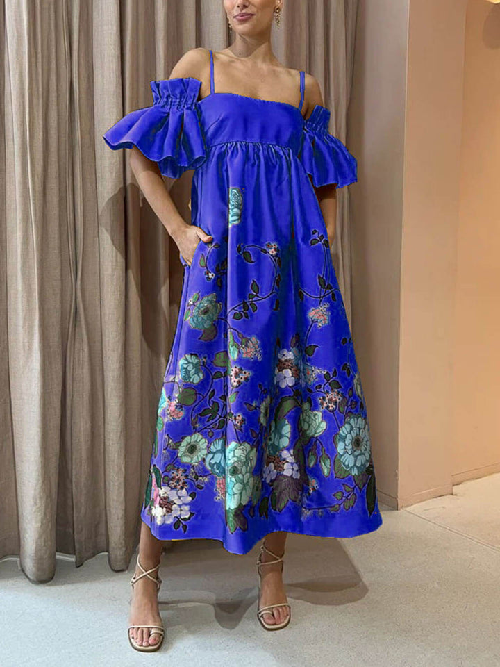 Vestido midi en línea A con manga fruncida y estampado caléndula