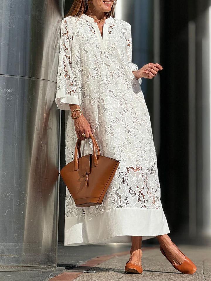 Flower Lace V-Neck Bell Sleeve Loose Midi Dress