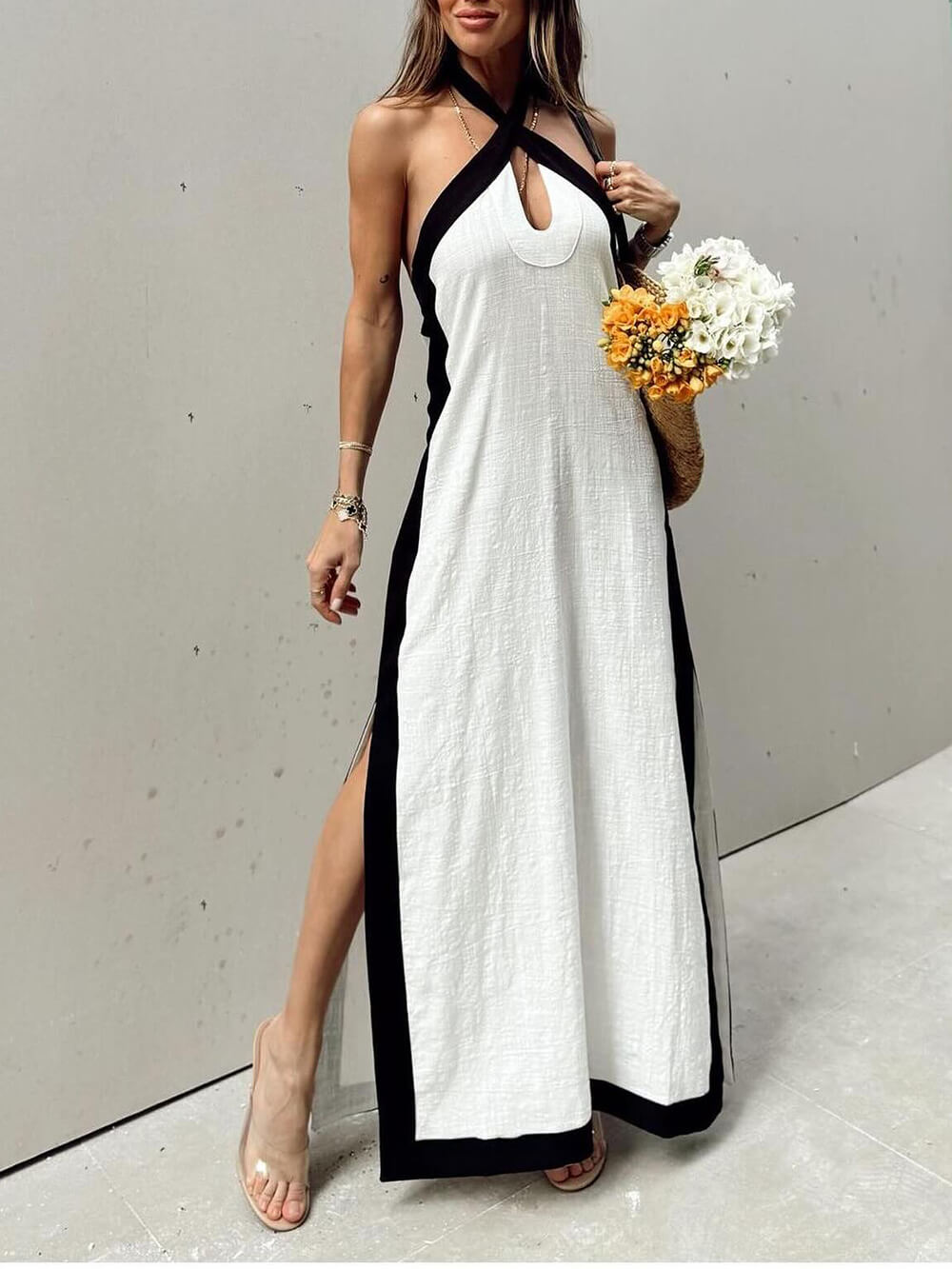 Χρώμα μπλοκ Halter Neck Slit Maxi φόρεμα