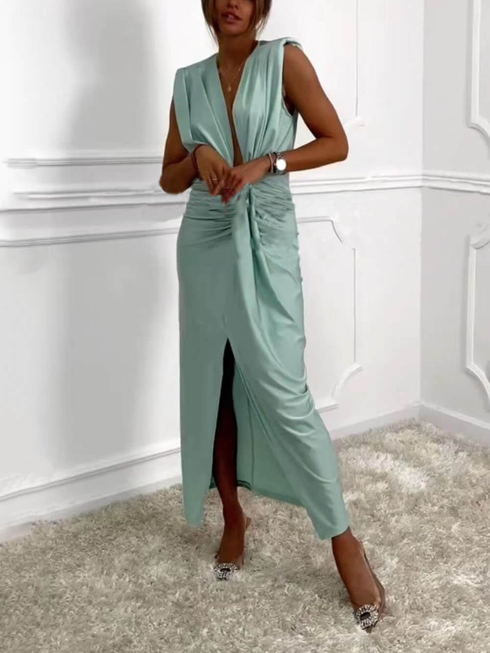 Κλασσικό V-λαιμός Ruched Drape Slit Midi φόρεμα