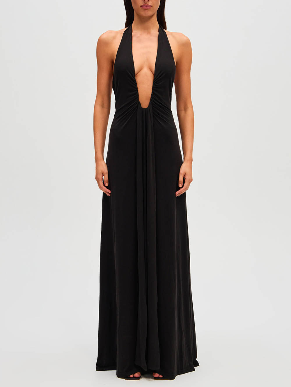 Elegant Deep U-neck Halter cascadă Sash Drape Maxi Dress