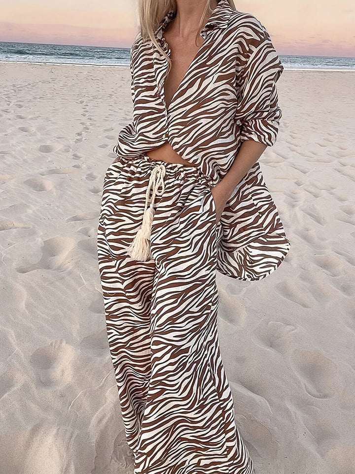 Button Open Collar Loose Zebra Print Drawstring Wide Leg Pants