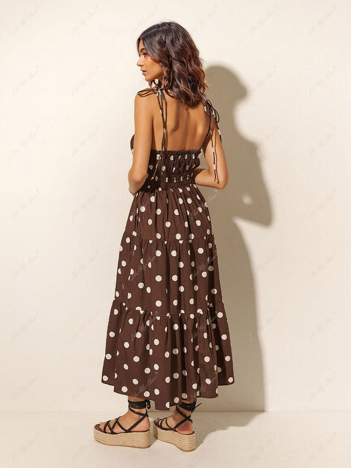 Ciocolată și fildeș Polka Dot Print Pleated Elastic Strap Dress