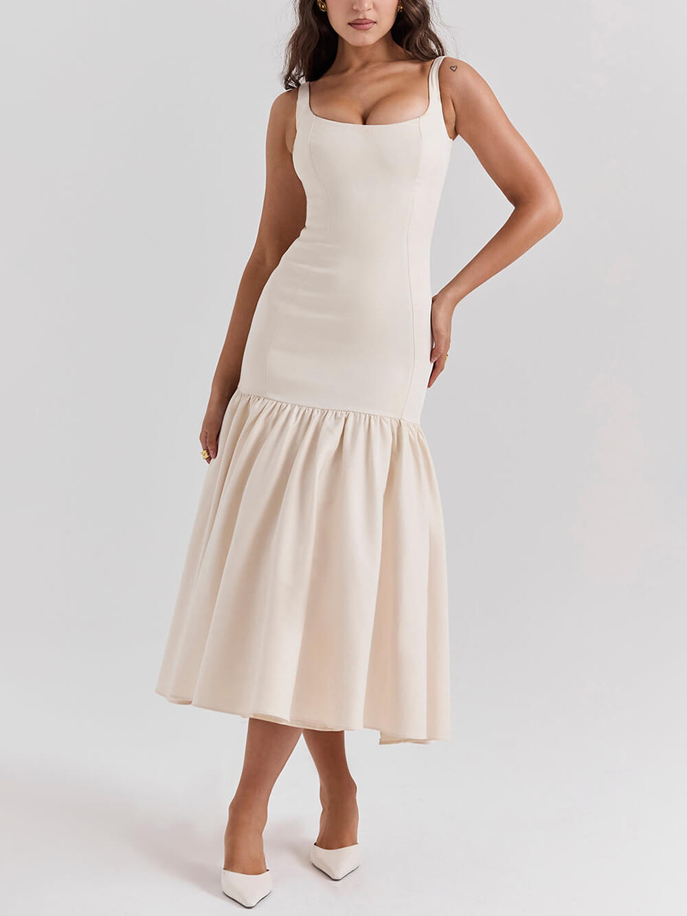 Graceful Square Neck Wide Strap Drop Waist Midi Dress